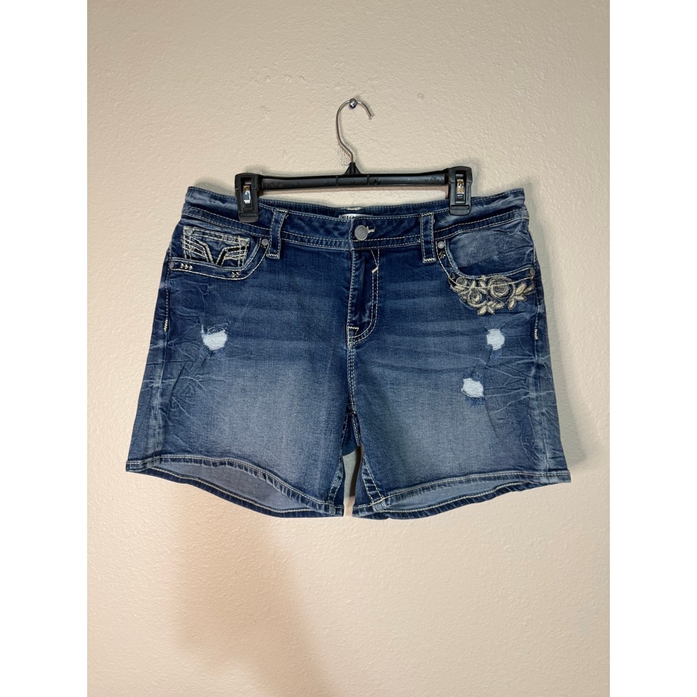 Vigoss Womens Embroidered Denim Shorts Size 14 Medium Wash Distressed Stretch